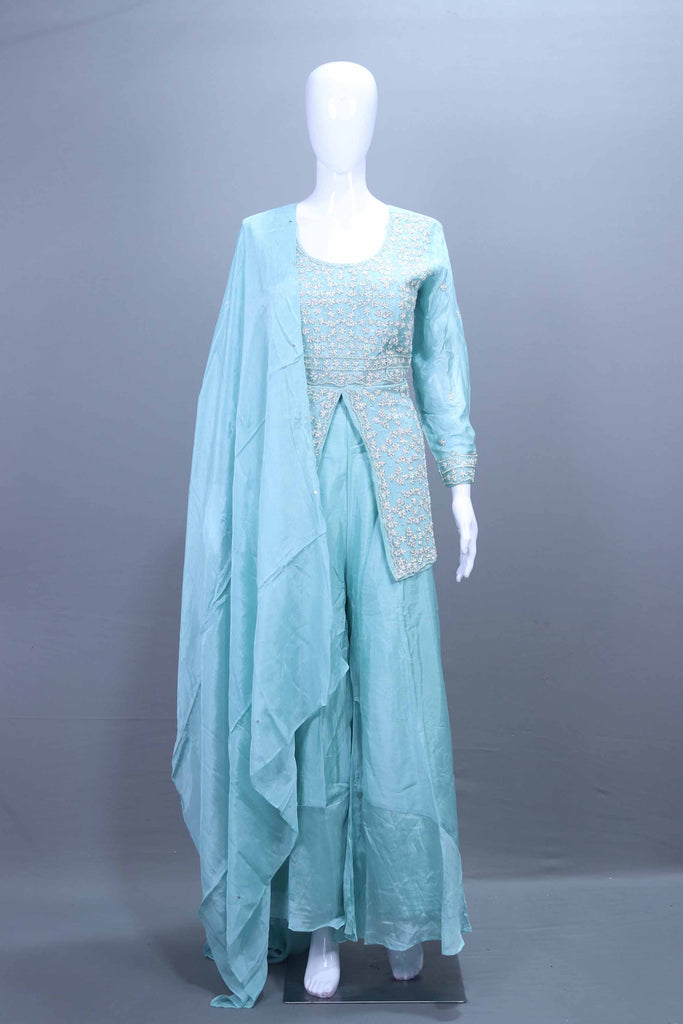Sky Blue Embroidered Silk Anarkali Suit with Dupatta