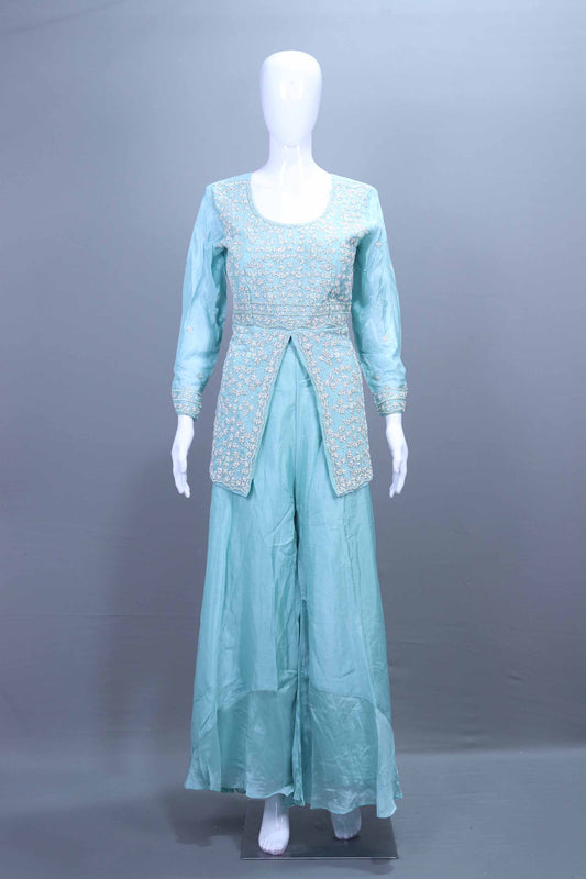 Sky Blue Embroidered Silk Anarkali Suit with Dupatta