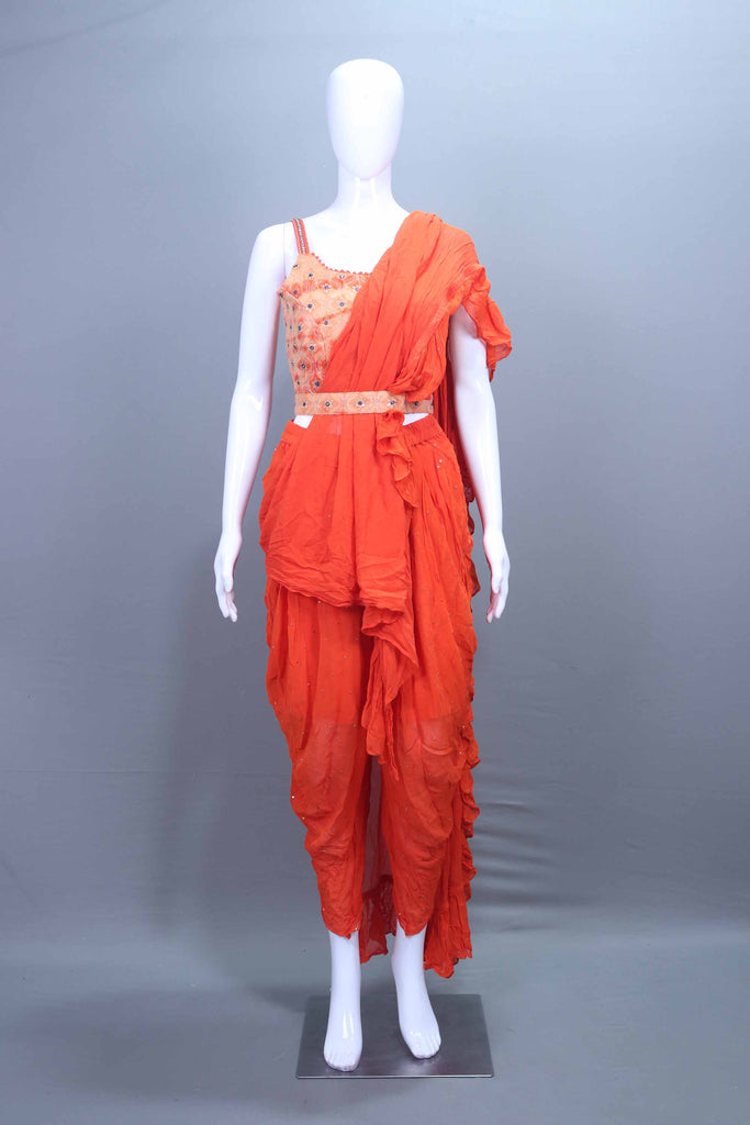 Orange Ruffle Dhoti Set with Designer  Blouse Indo Western Outfit