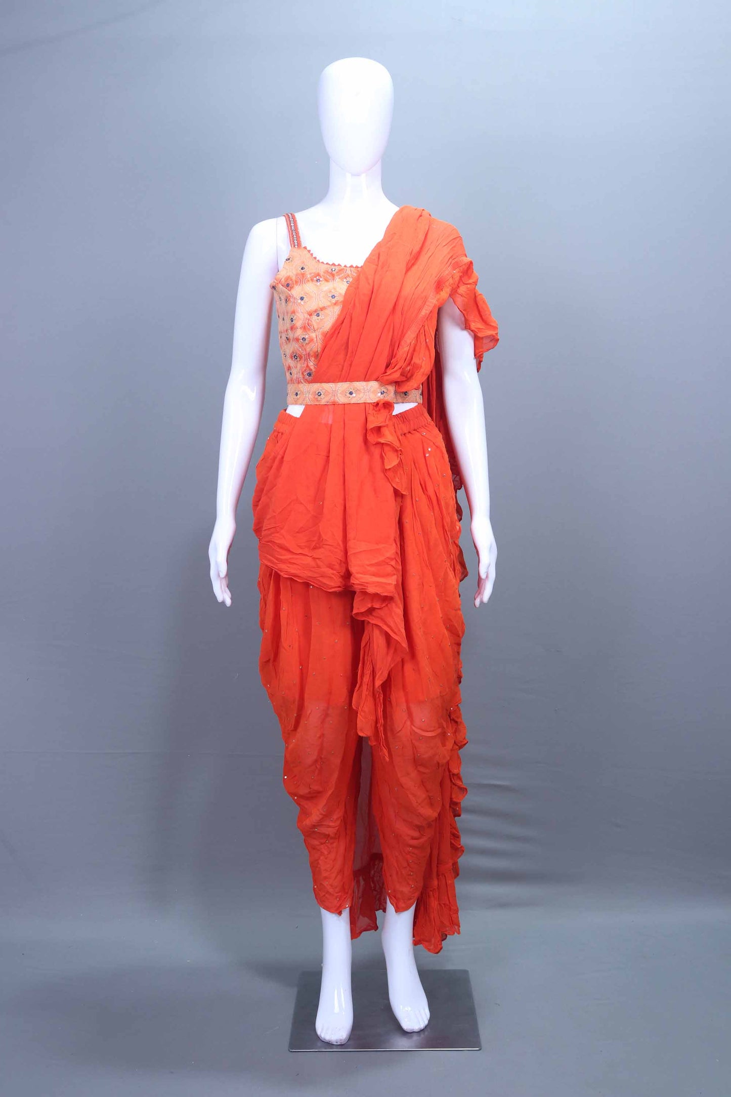 Orange Ruffle Dhoti Set with Designer  Blouse Indo Western Outfit