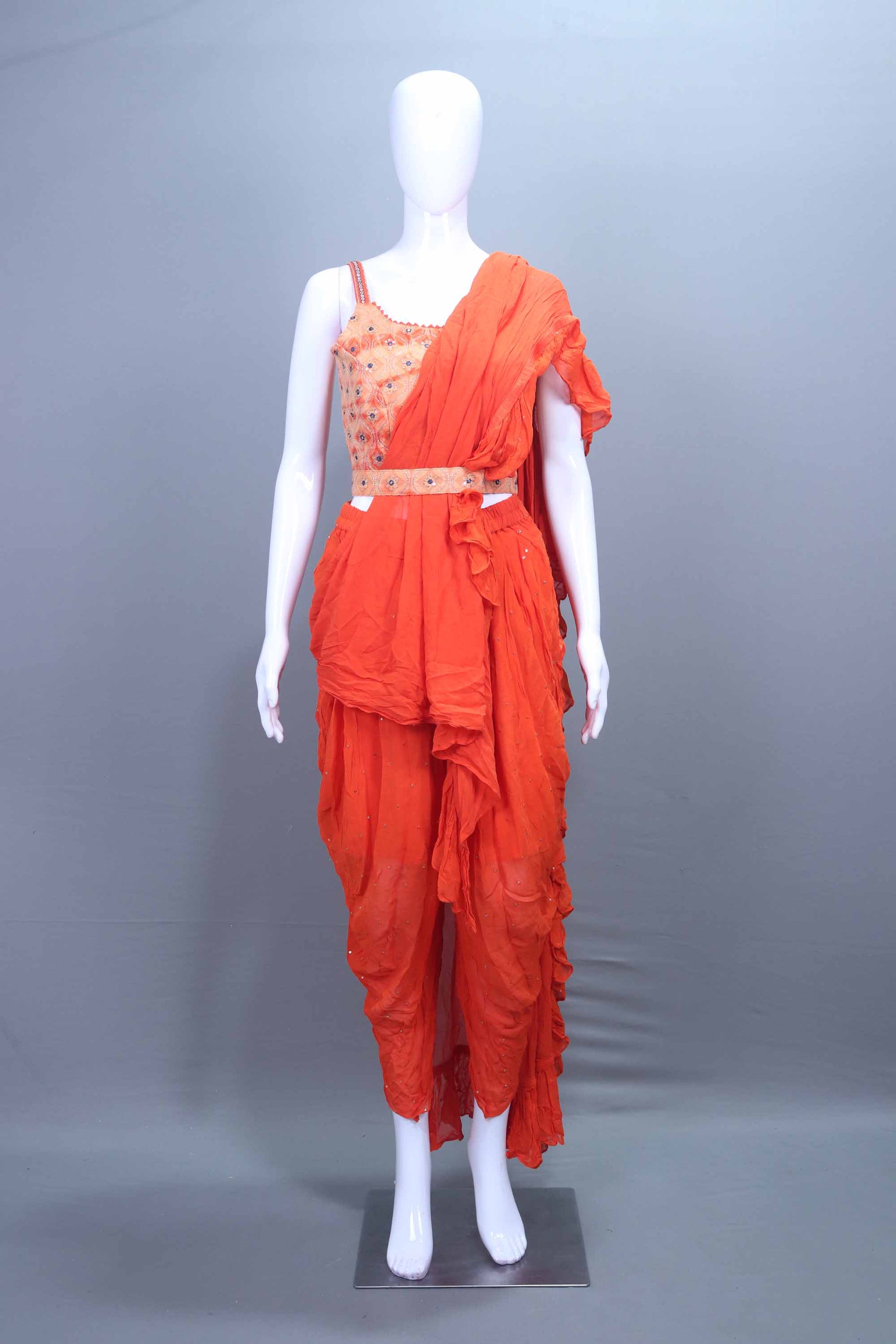 Orange Ruffle Dhoti Set with Designer  Blouse Indo Western Outfit