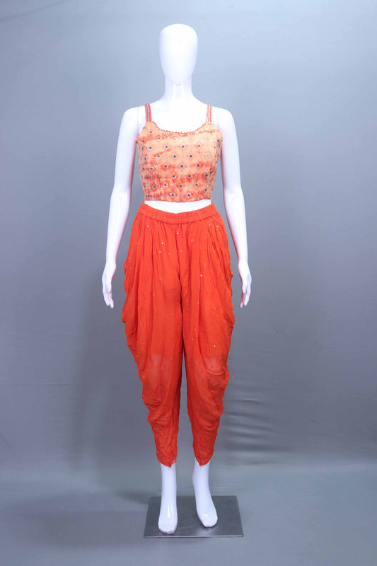 Orange Ruffle Dhoti Set with Designer  Blouse Indo Western Outfit