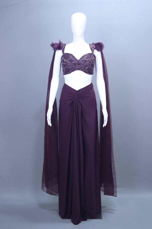 Designer Plum Purple Pre Draped  Indo Western Gown with Feather Detailed Blouse