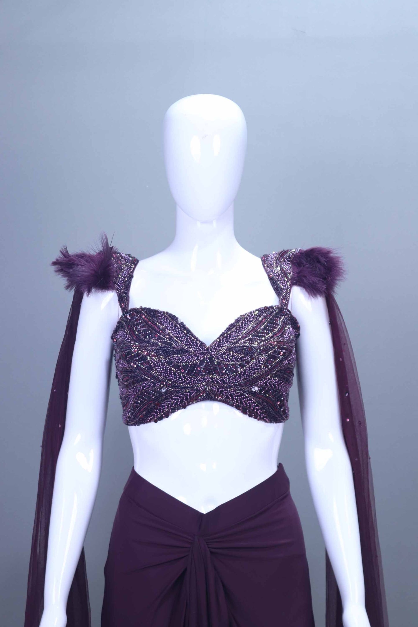 Designer Plum Purple Pre Draped  Indo Western Gown with Feather Detailed Blouse