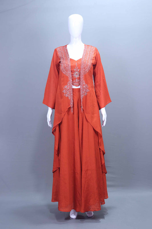 Rust Orange Embroidered Three-Piece Indo Western Set with Long Jacket