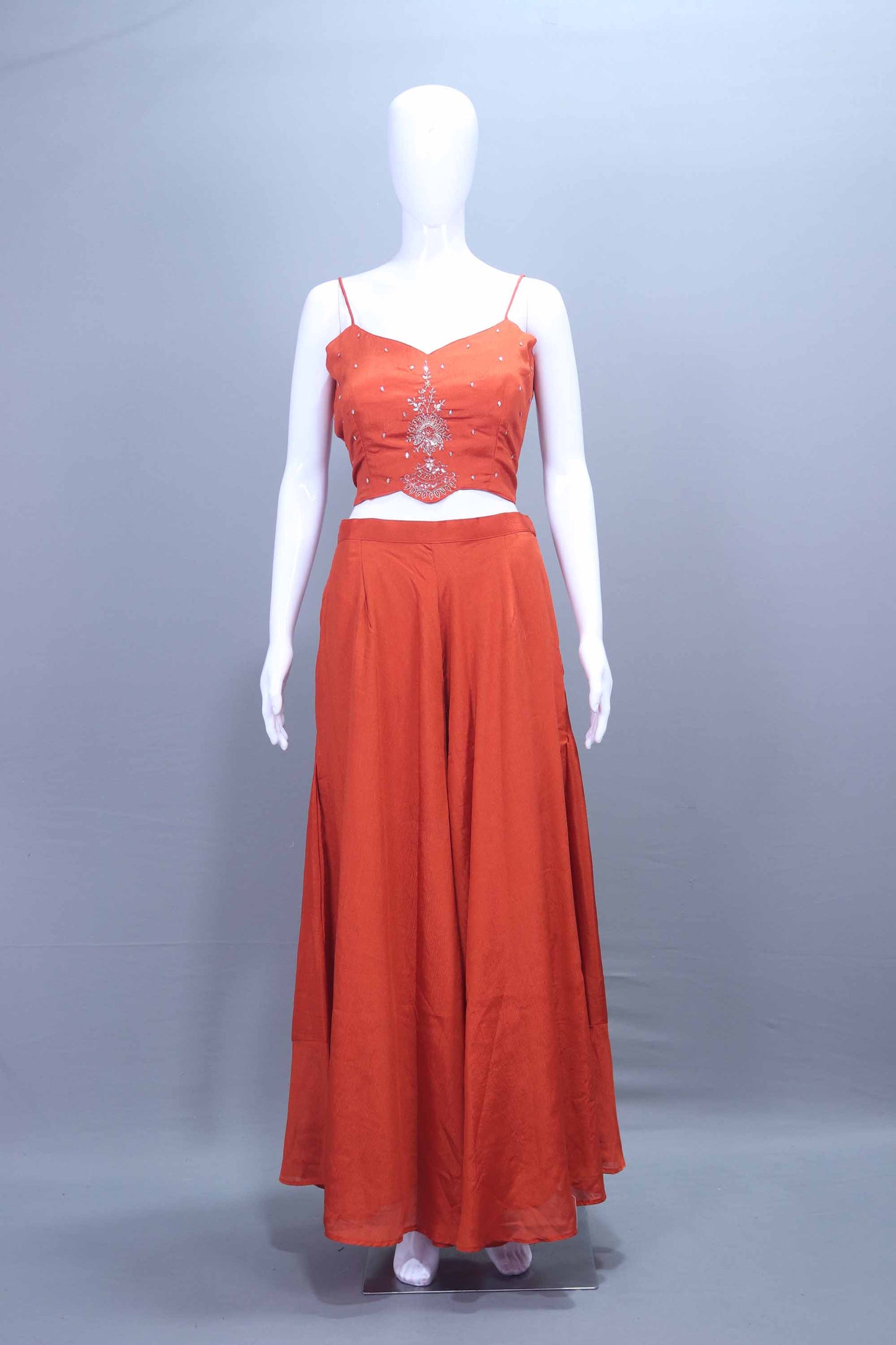 Rust Orange Embroidered Three Piece Indo Western Set with Long Jacket