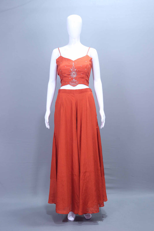 Rust Orange Embroidered Three Piece Indo Western Set with Long Jacket