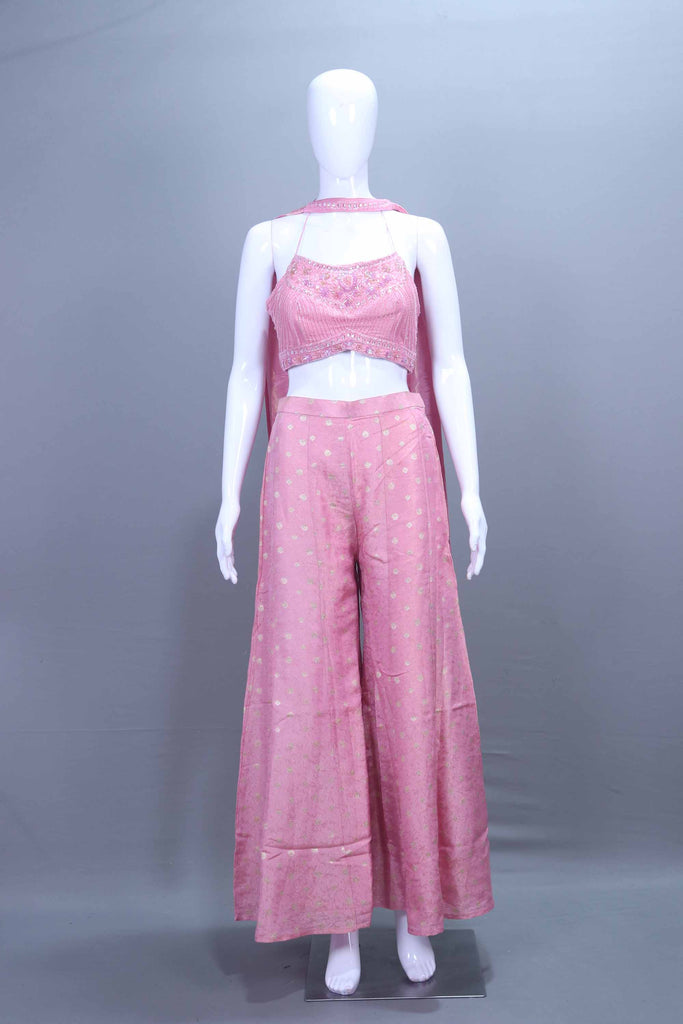 Pink Embroidered Crop Top with Palazzo Set Designer Indo Western