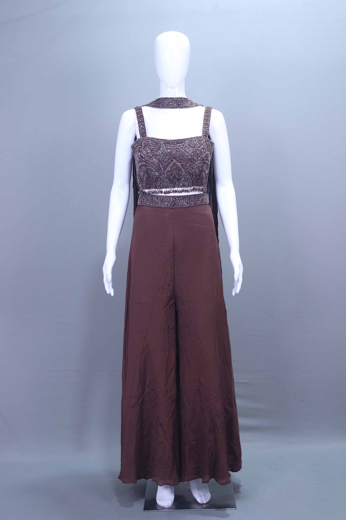 Brown Embroidered Crop Top with Palazzo Set Designer Indo Western