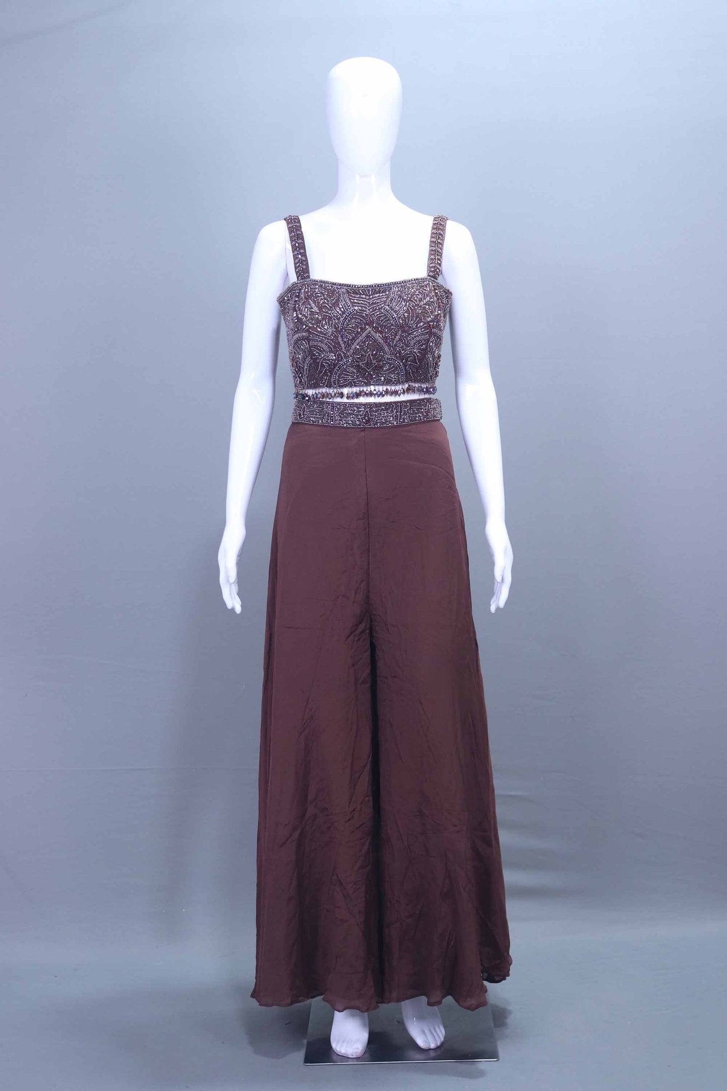 Brown Embroidered Crop Top with Palazzo Set Designer Indo Western