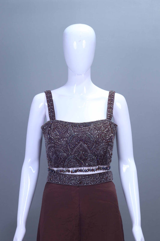 Brown Embroidered Crop Top with Palazzo Set Designer Indo Western