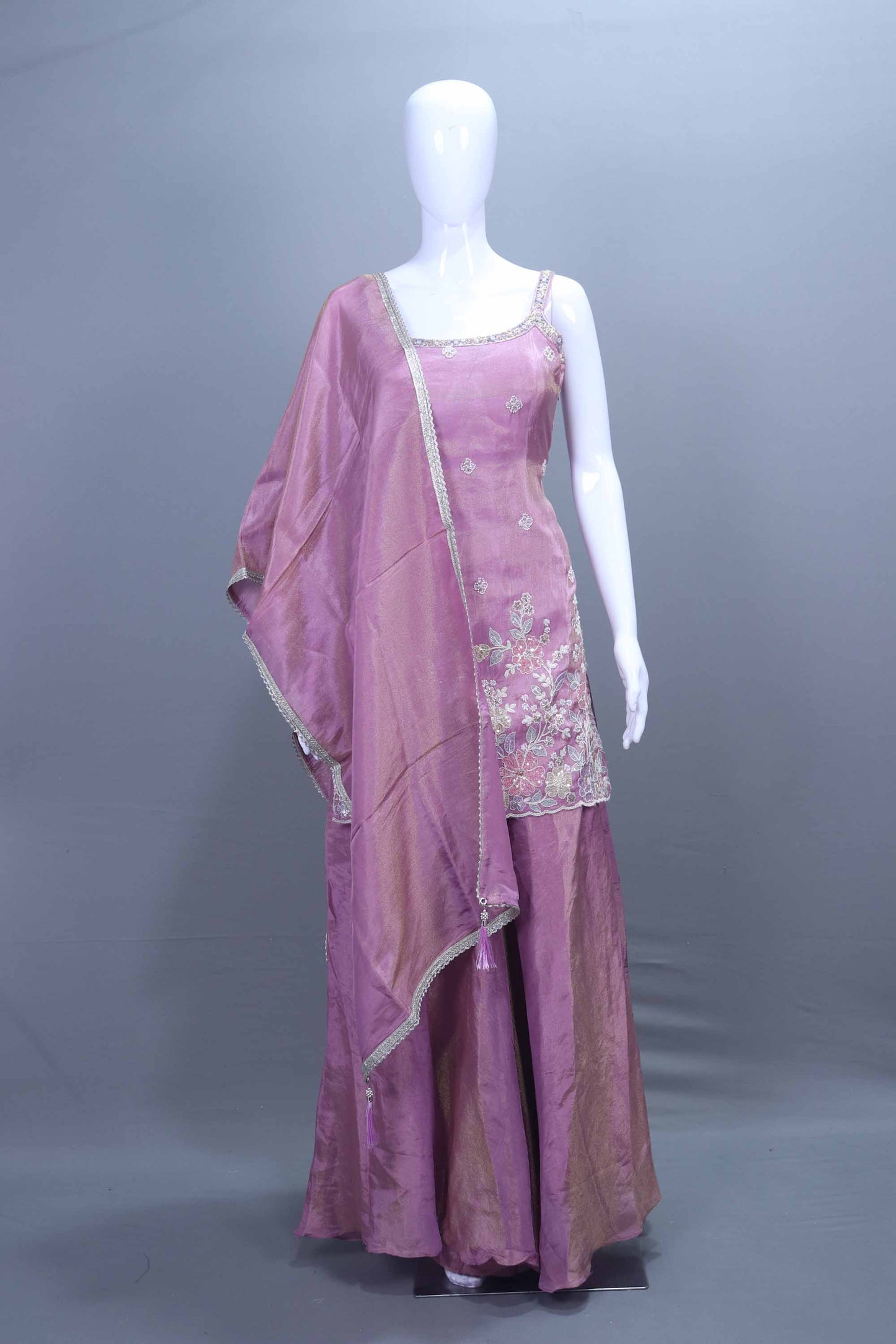 Mauve Silk Sharara Set with Embroidered Kurti and Matching Dupatta