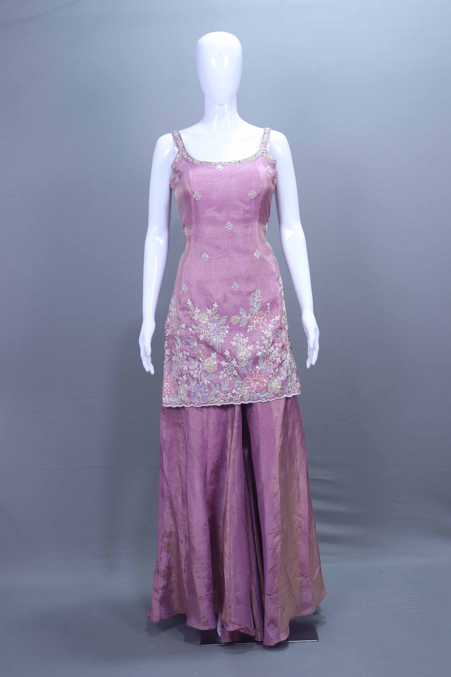 Mauve Silk Sharara Set with Embroidered Kurti and Matching Dupatta