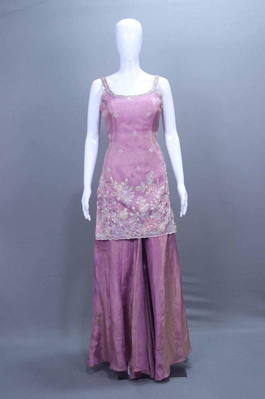 Mauve Silk Sharara Set with Embroidered Kurti and Matching Dupatta