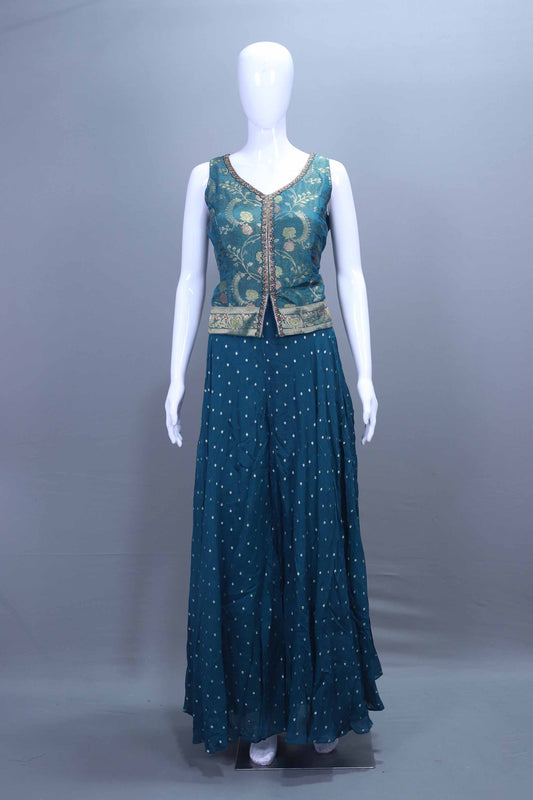 Teal Blue Banarasi Jacket Indo-Western Outfit