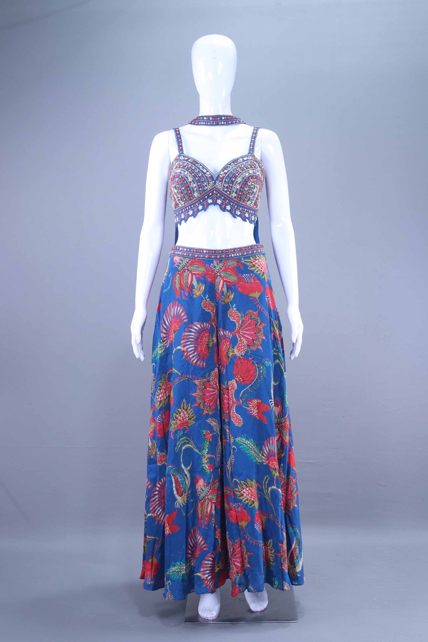 Blue Embroidered Crop Top Skirt Designer Indo-Western Lehenga Set