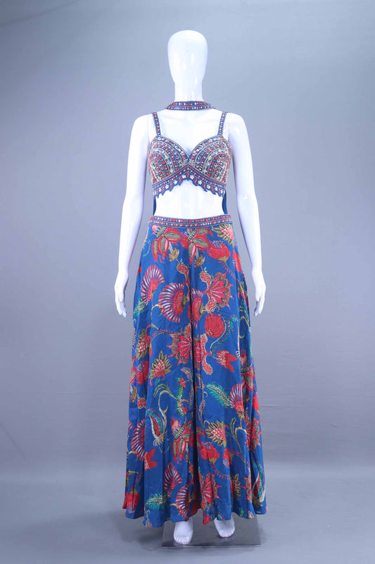 Blue Embroidered Crop Top Skirt Designer Indo-Western Lehenga Set