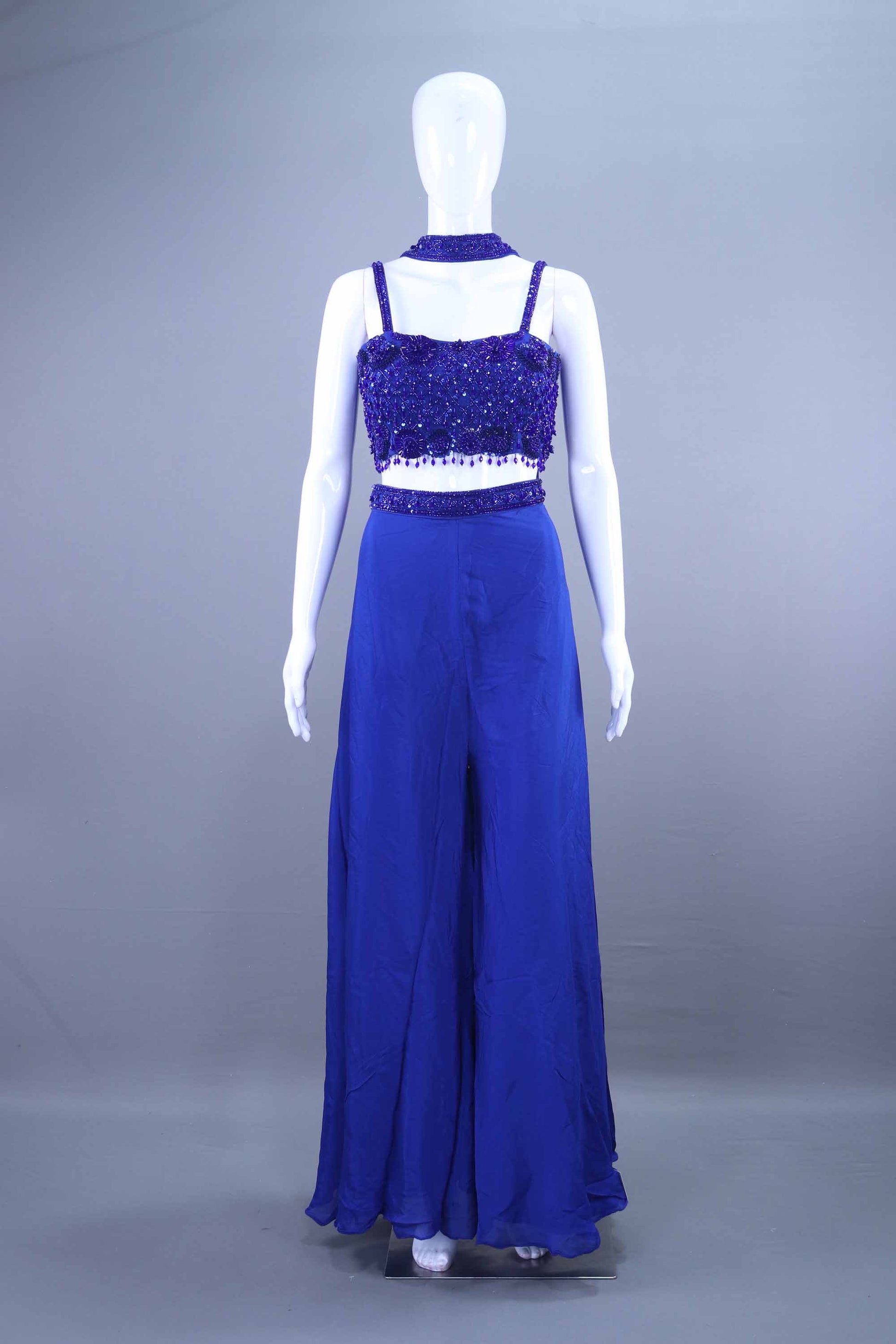 Royal Blue  Embroidered Crop Top with Flowy Palazzo Pants
