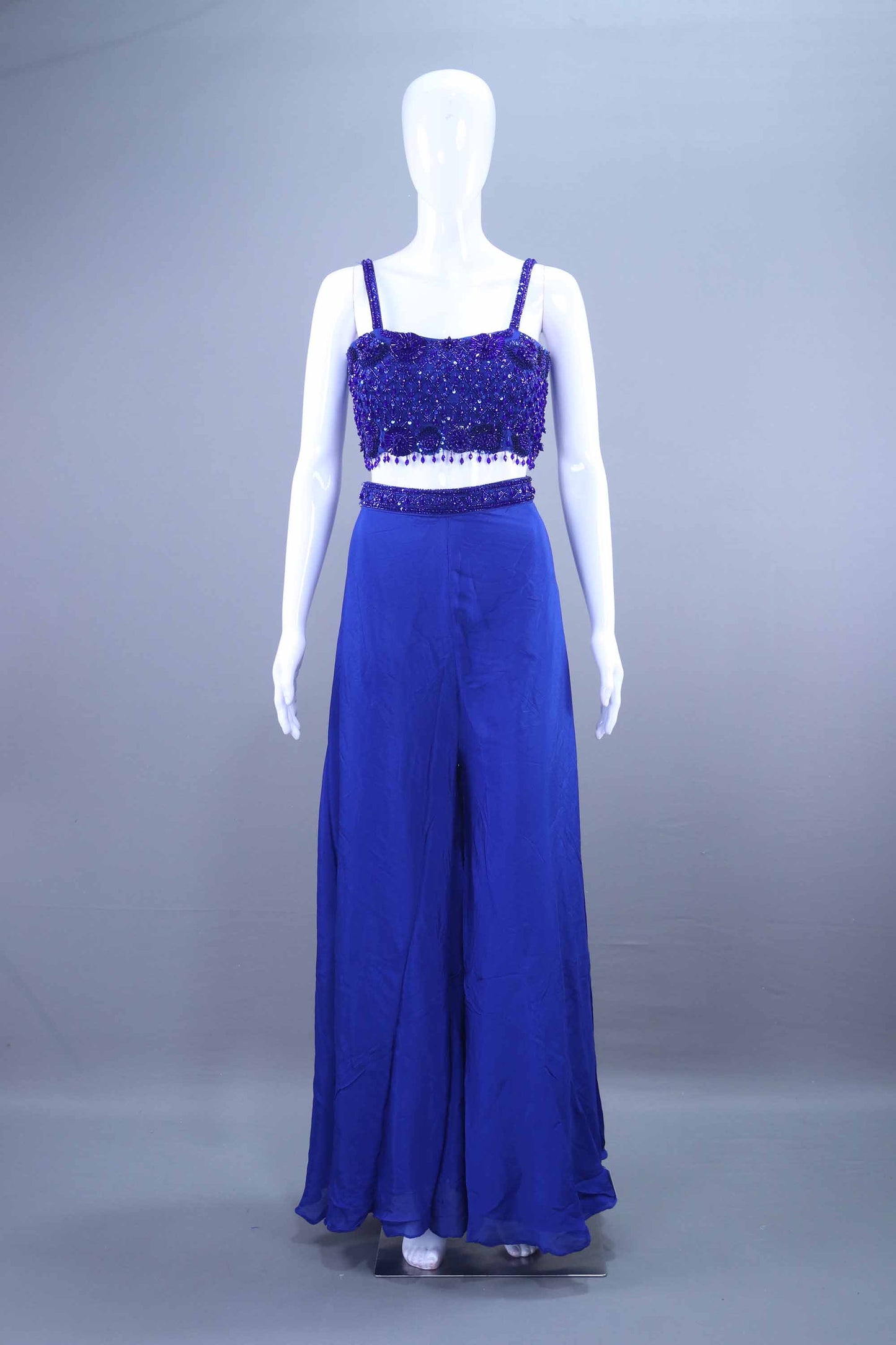 Royal Blue  Embroidered Crop Top with Flowy Palazzo Pants
