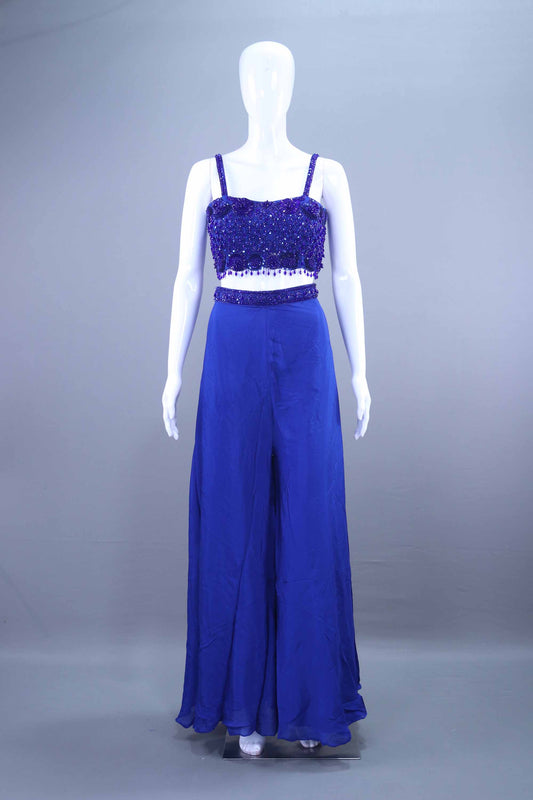 Royal Blue  Embroidered Crop Top with Flowy Palazzo Pants