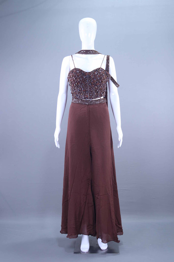 Designer Brown Embroidered Crop Top with Palazzo Set