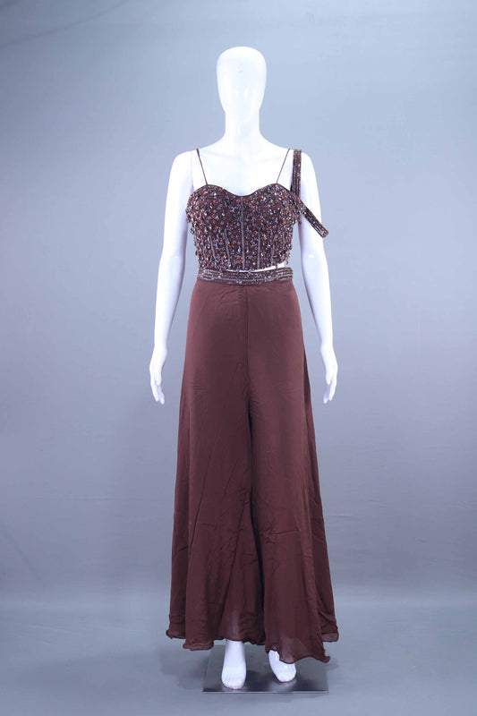Designer Brown Embroidered Crop Top with Palazzo Set