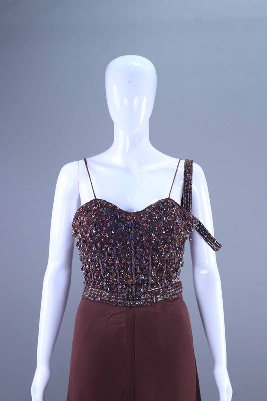 Designer Brown Embroidered Crop Top with Palazzo Set