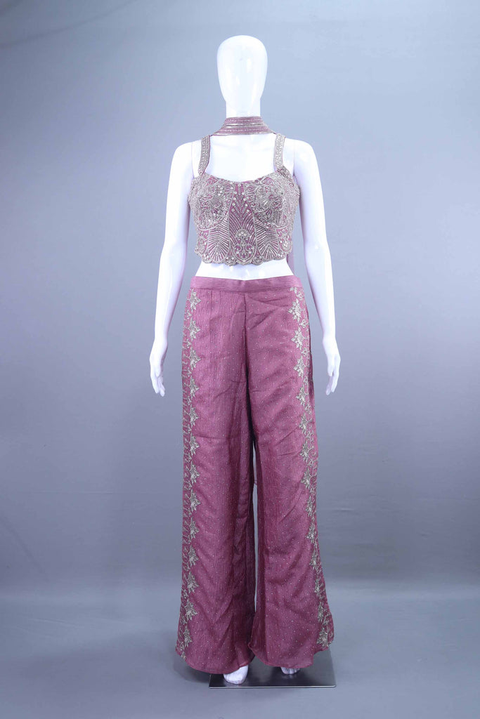Designer Mauve Embroidered Crop Top with Palazzo Set