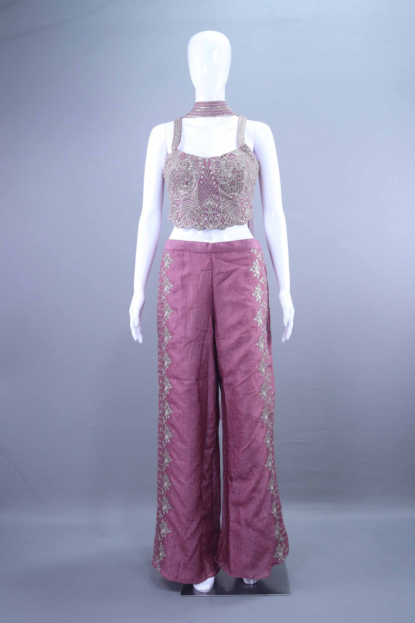 Designer Mauve Embroidered Crop Top with Palazzo Set