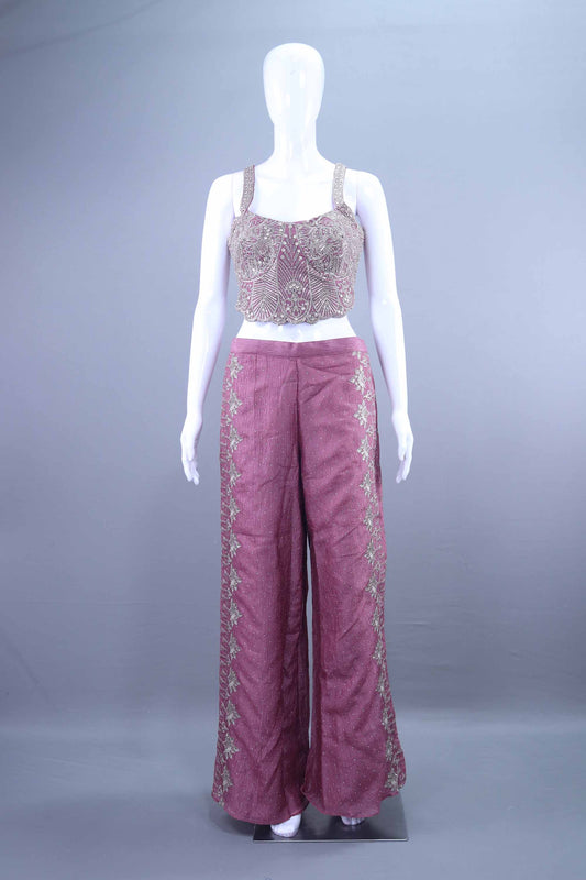 Designer Mauve Embroidered Crop Top with Palazzo Set