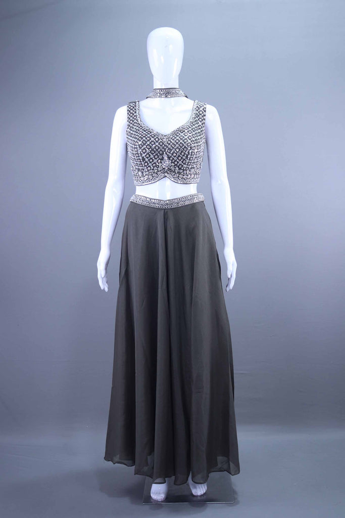 Grey Crop Top Flowy Palazzo Indo Western Party Wear Set