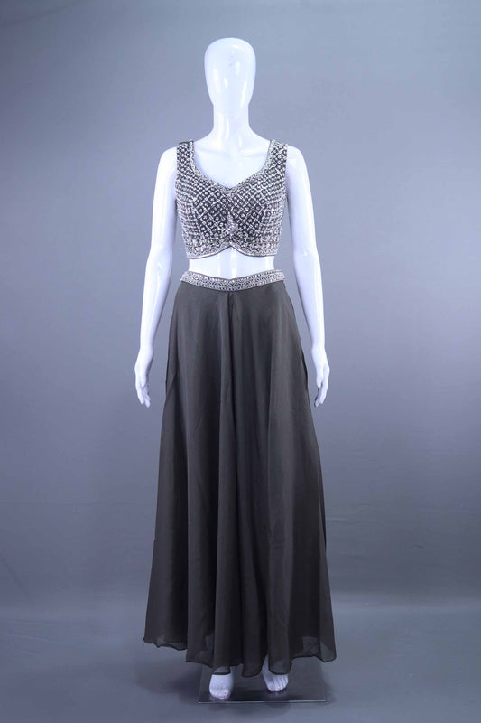 Grey Crop Top Flowy Palazzo Indo Western Party Wear Set