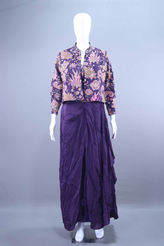 Purple Jacket with Draped Skirt Designer Indo Western Outfit