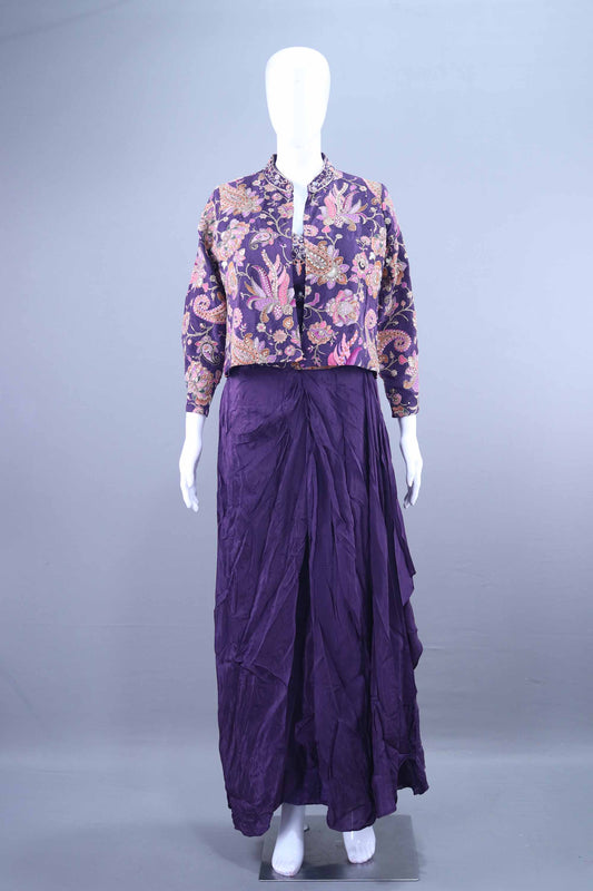 Purple Jacket with Draped Skirt Designer Indo Western Outfit