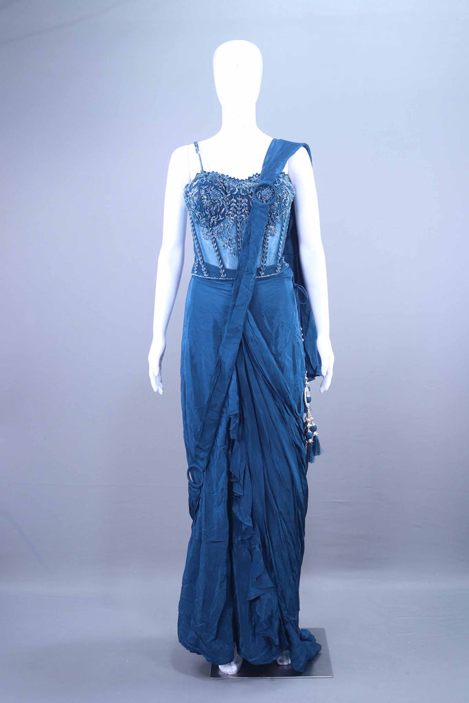 Teal Blue Designer Drape Saree Gown with Corset Blouse