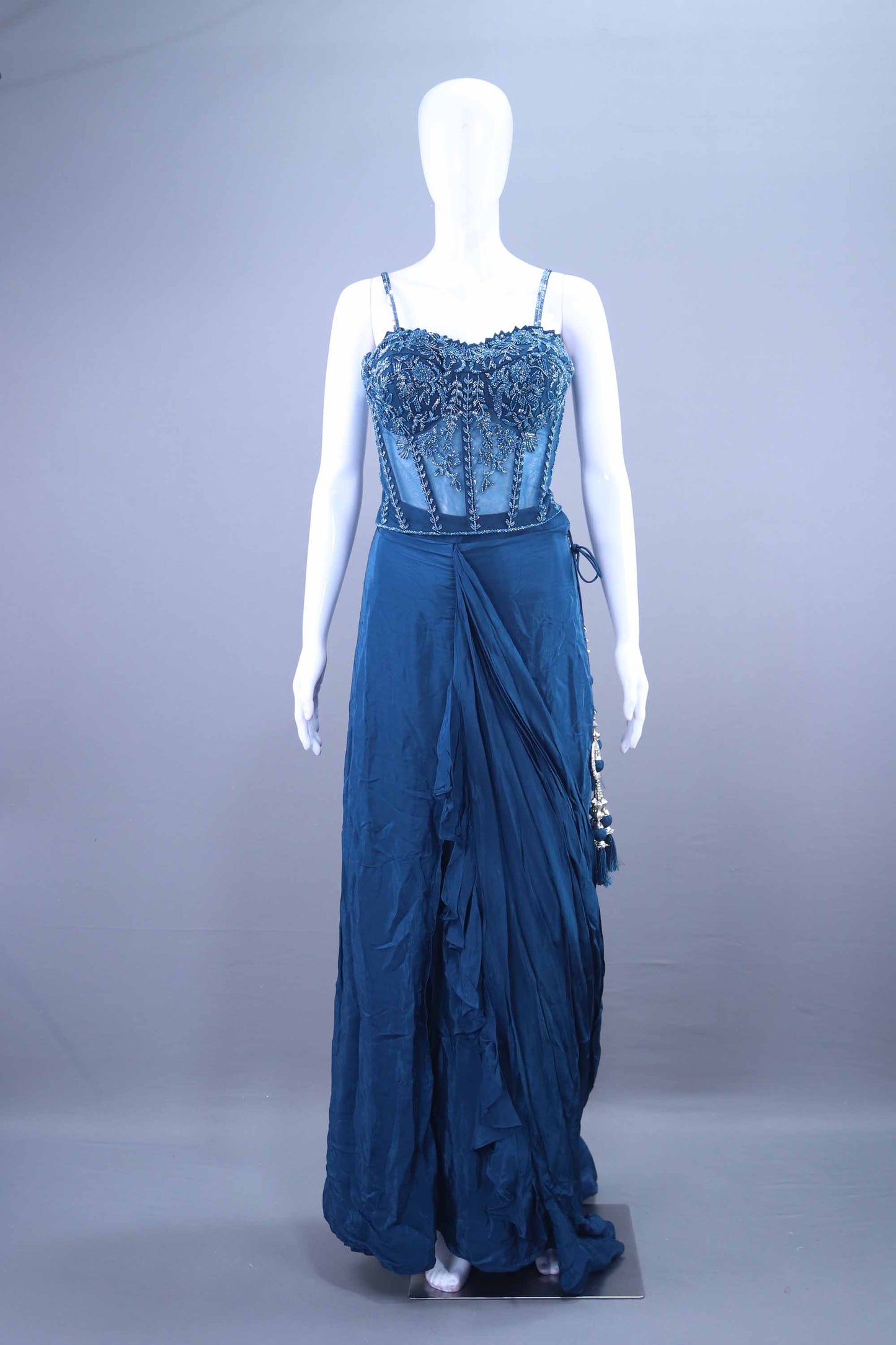 Teal Blue Designer Drape Saree Gown with Corset Blouse