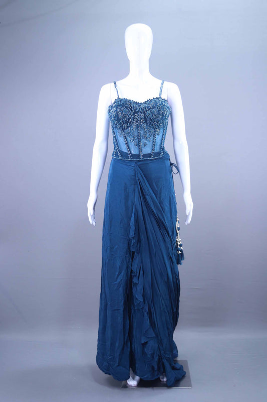 Teal Blue Designer Drape Saree Gown with Corset Blouse