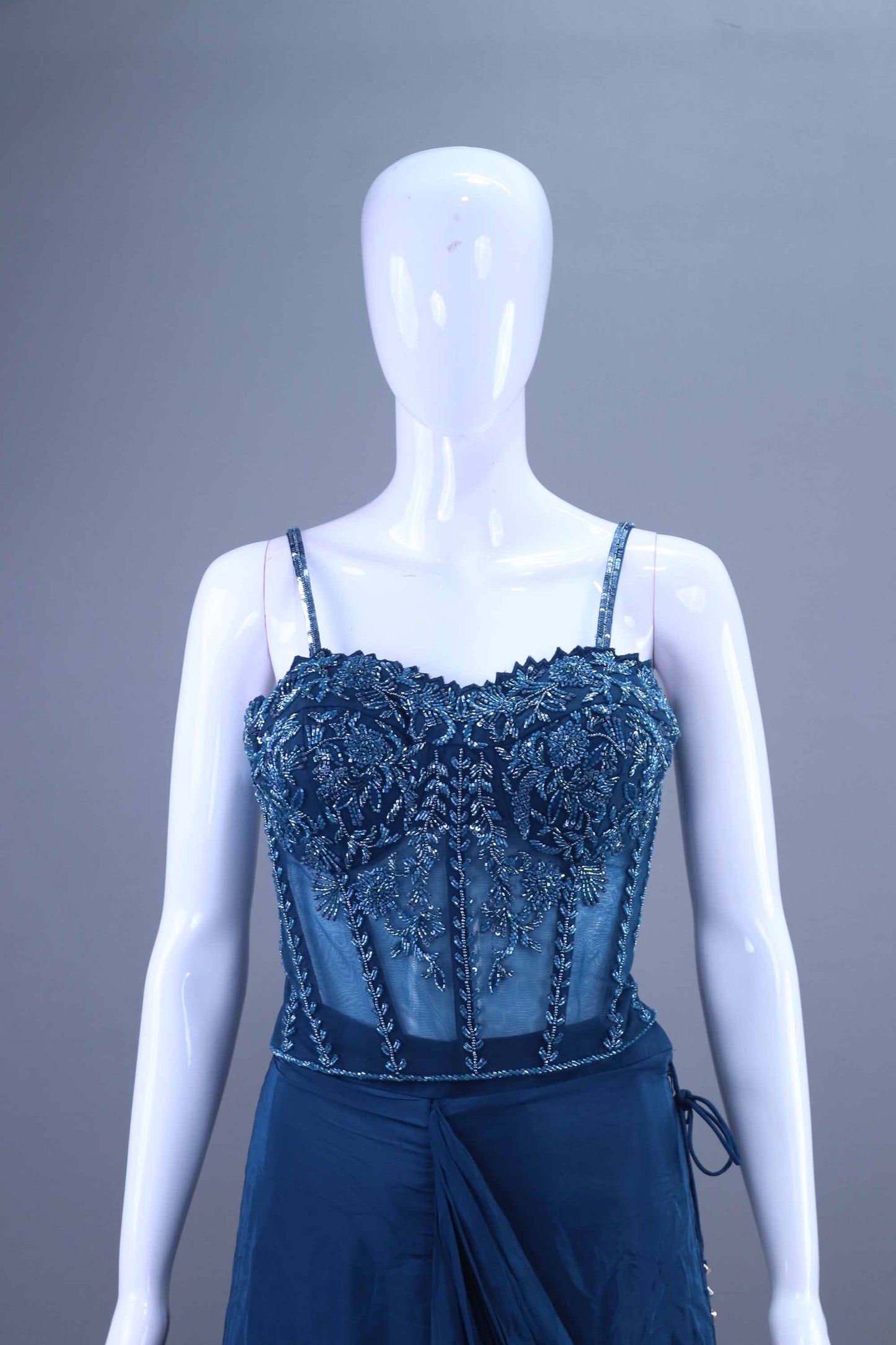 Teal Blue Designer Drape Saree Gown with Corset Blouse