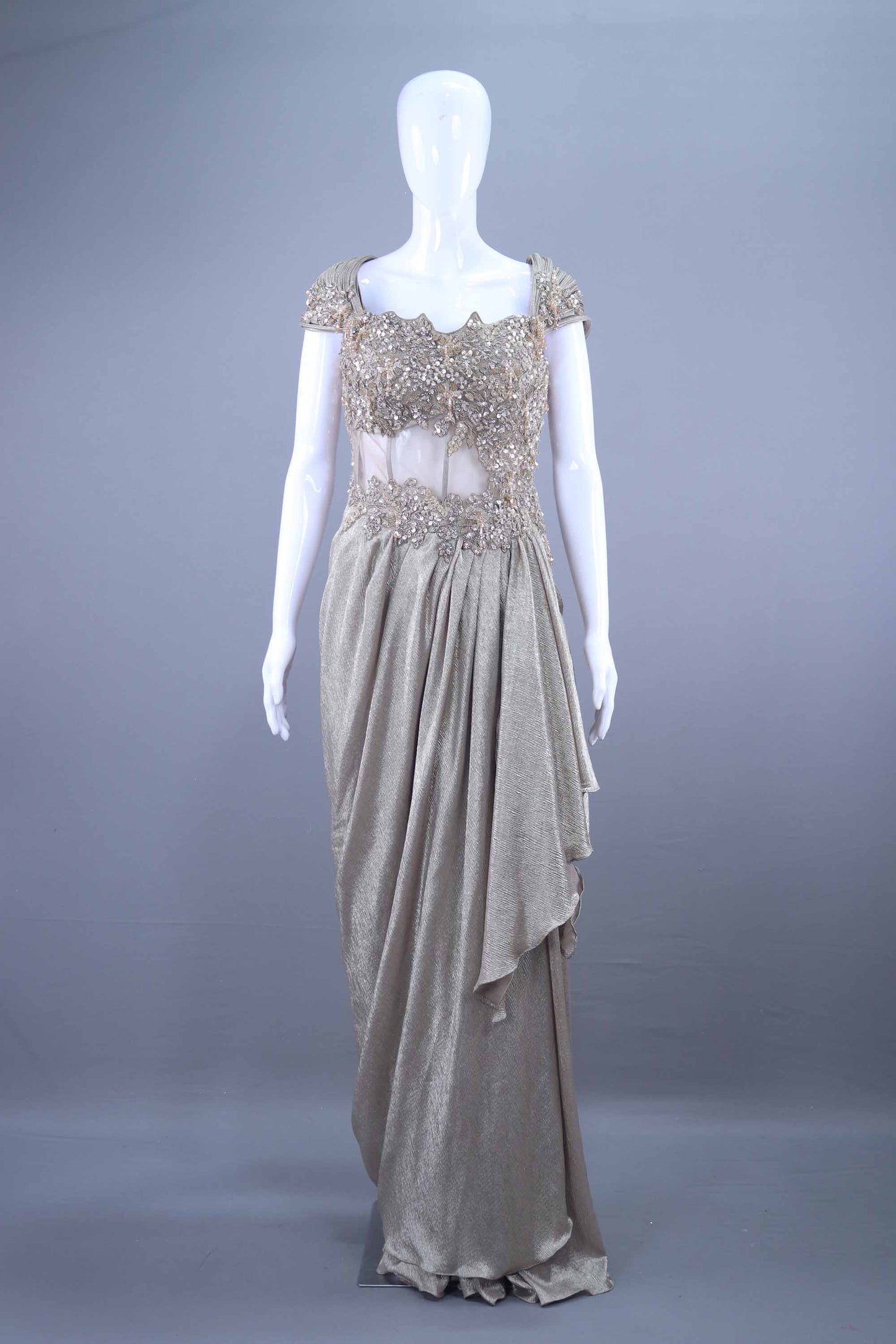 Champagne Gold Designer Drape Saree Gown Party Wear