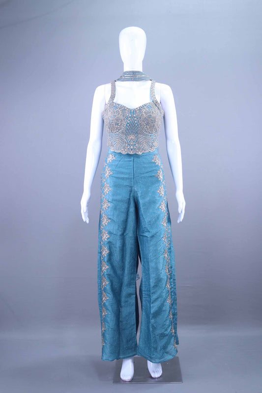 Teal Blue Embroidered Crop Top with Palazzo Set