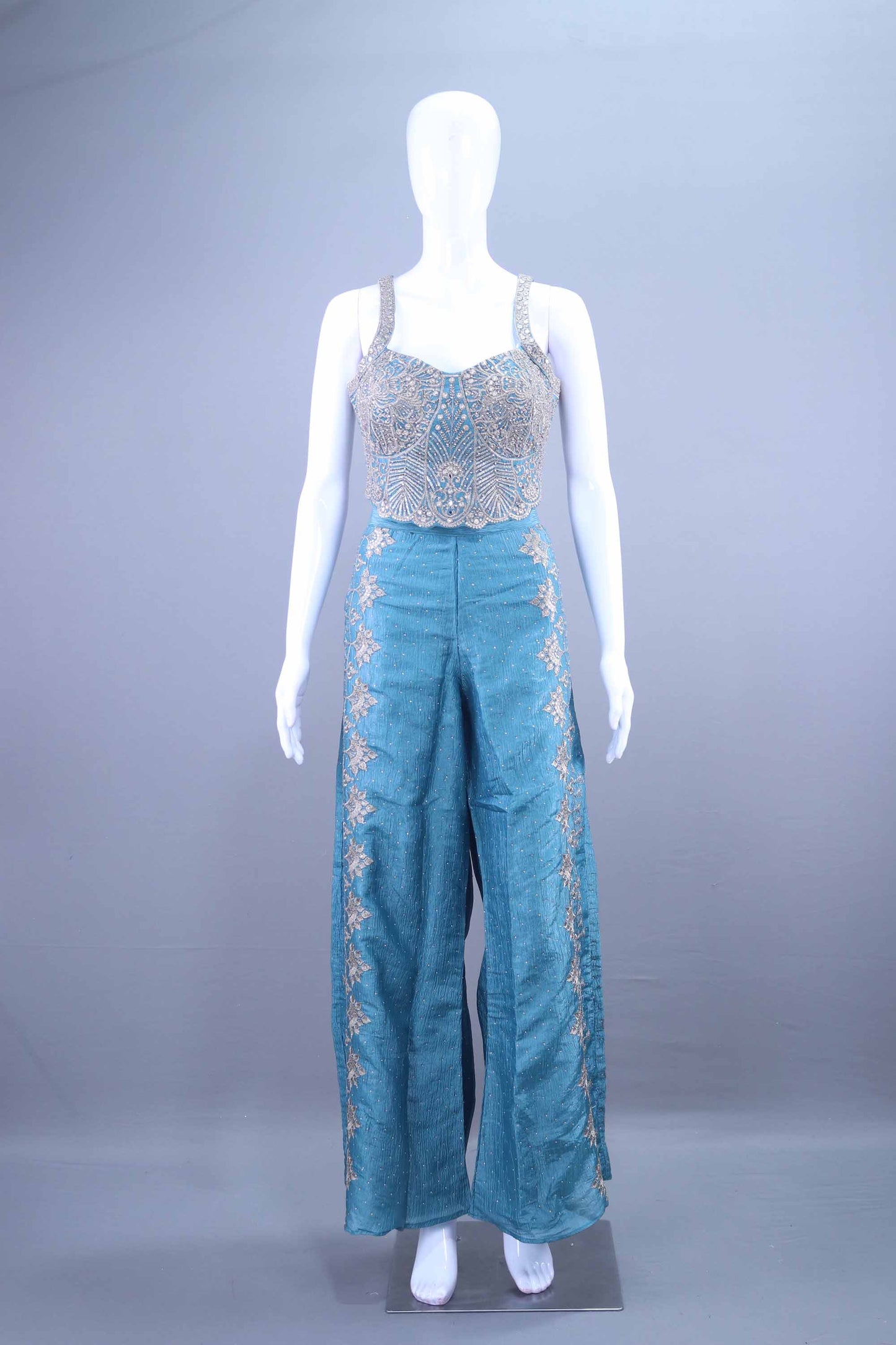 Teal Blue Embroidered Crop Top with Palazzo Set