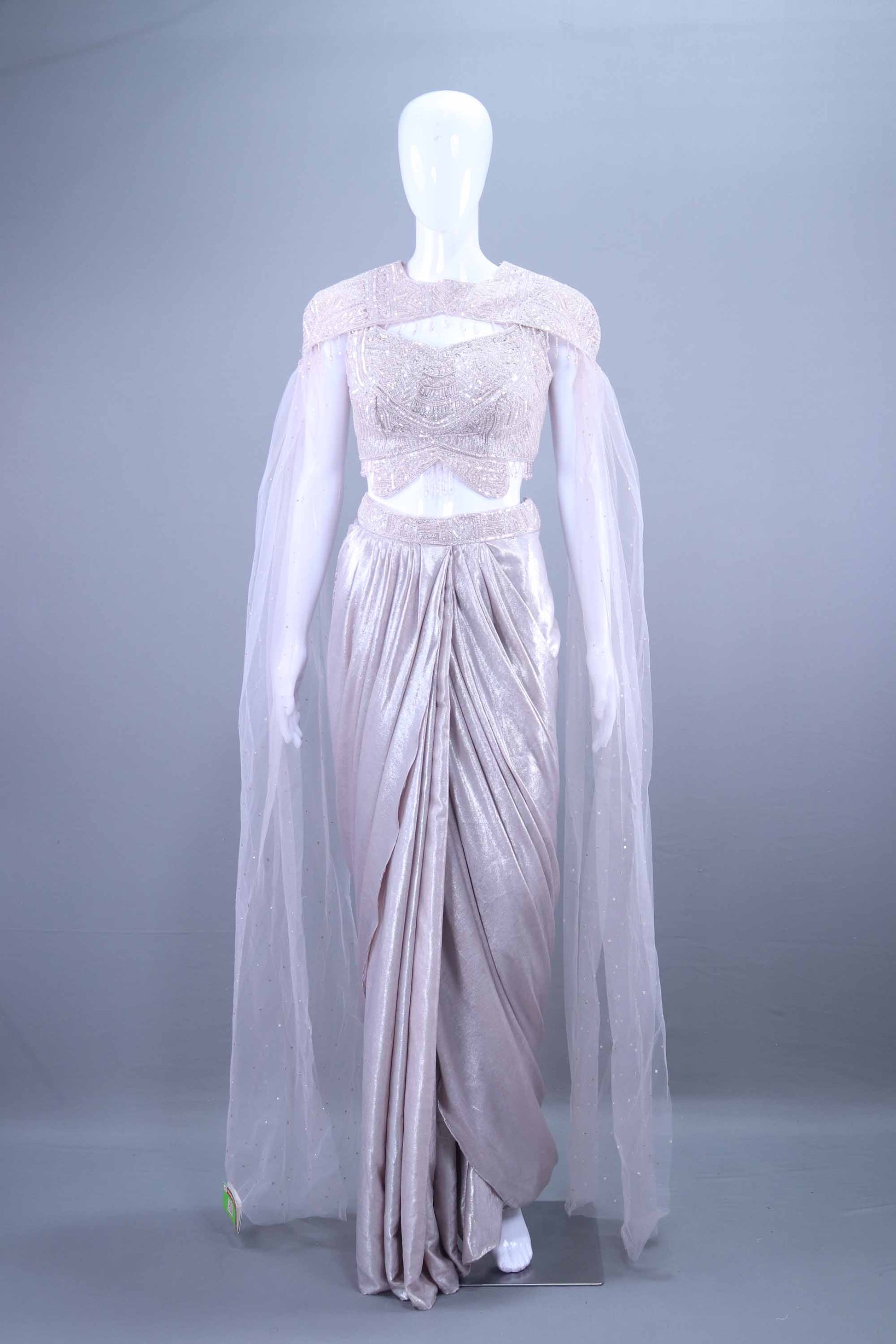 Silver Draped Blouse Net Cape Designer Indo Western Outfit 