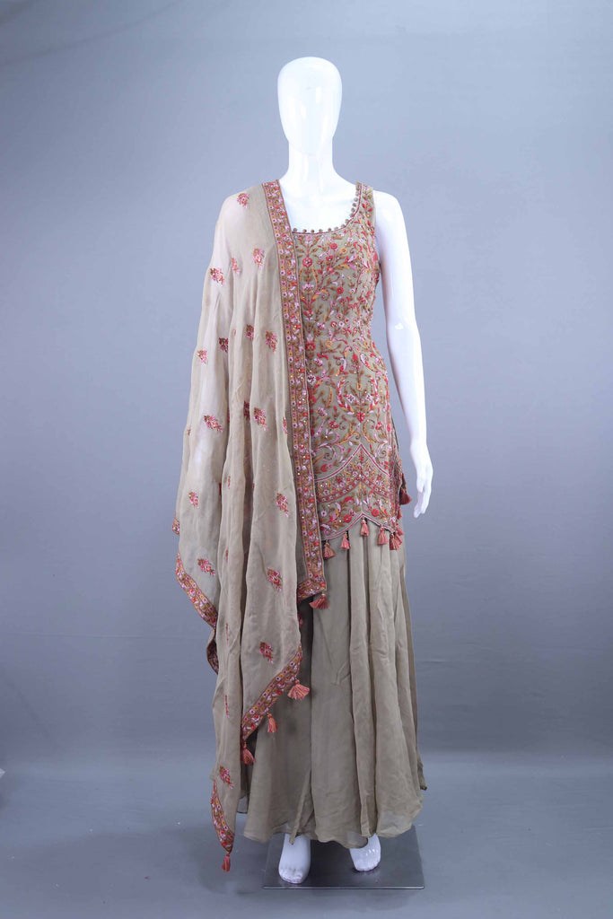 Beige Embroidered Sharara Set with Dupatta Party Wear 