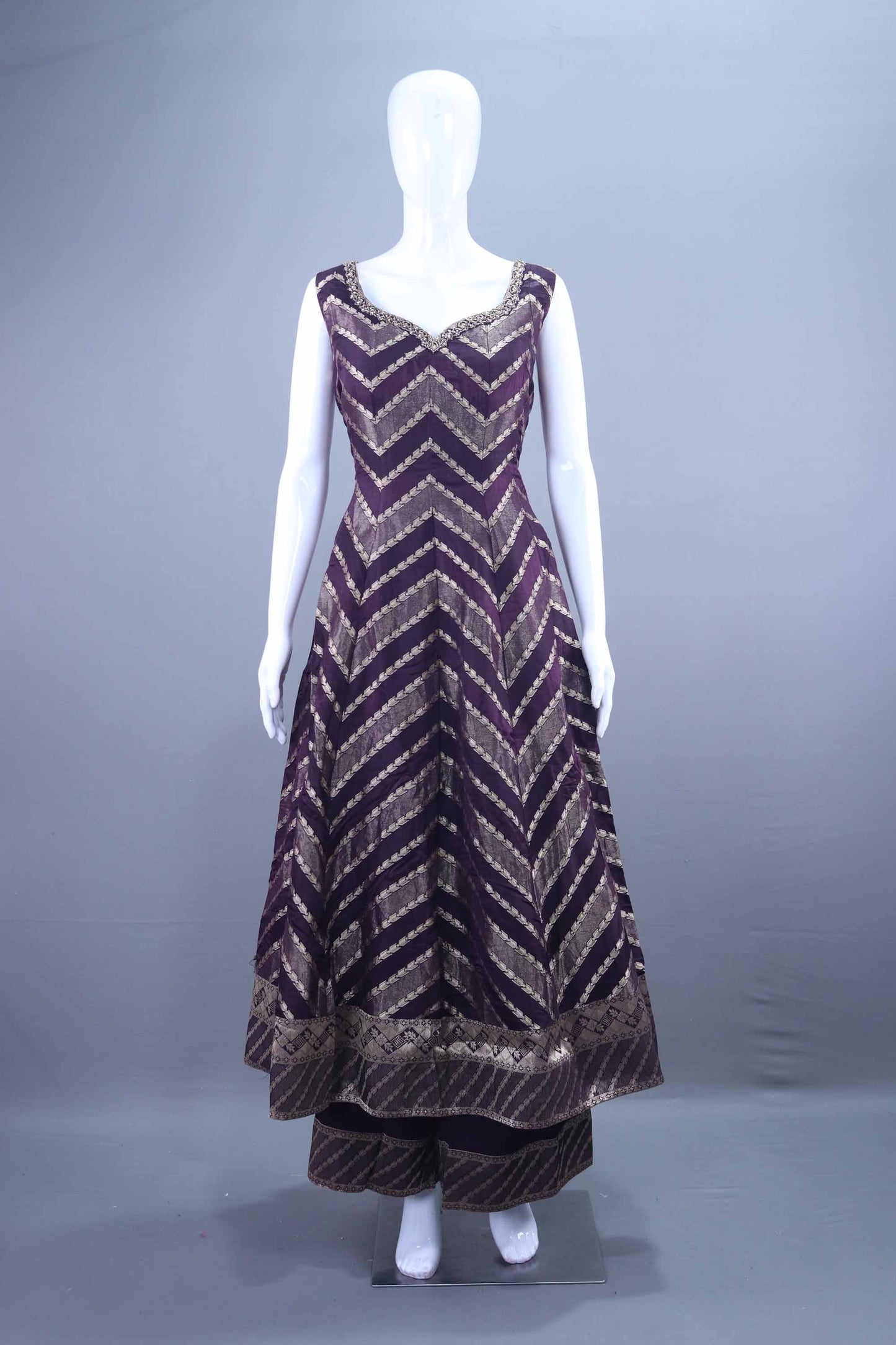 Designer Purple Banarasi Anarkali Set with Golden Zari Work and Dupatta