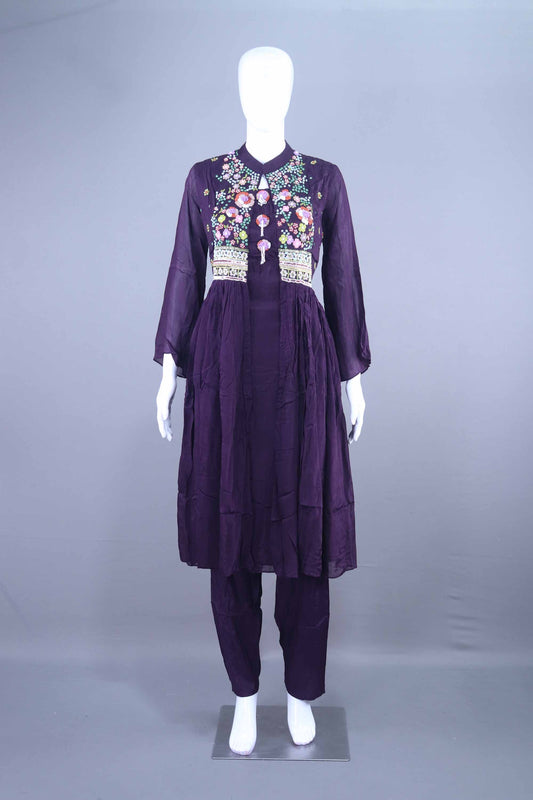 Purple Embroidered Kurta Set Anarkali Kurti with Pants
