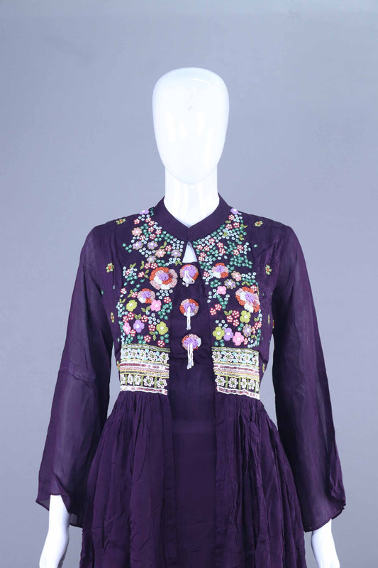 Purple Embroidered Kurta Set Anarkali Kurti with Pants