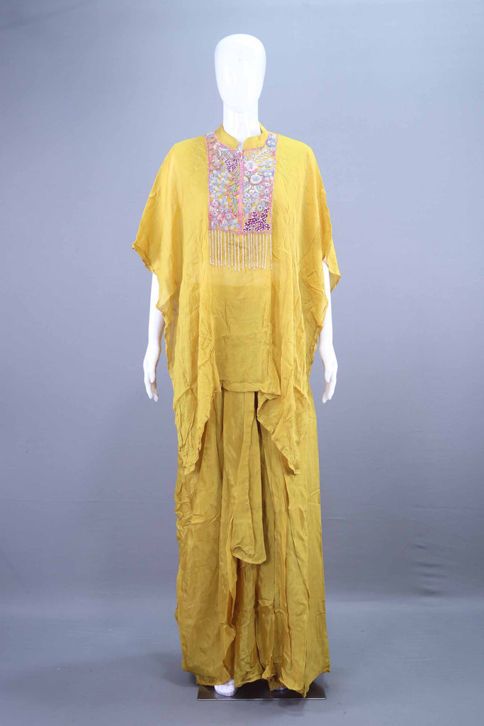  Mustard Yellow Embroidered Kaftan Kurta Set 