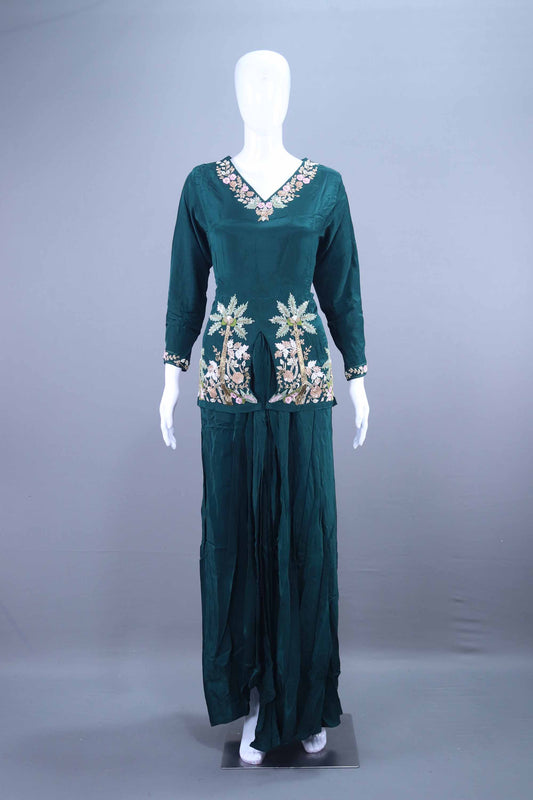 Dark Green Embroidered Kurta with Sharara Set Party Wear 