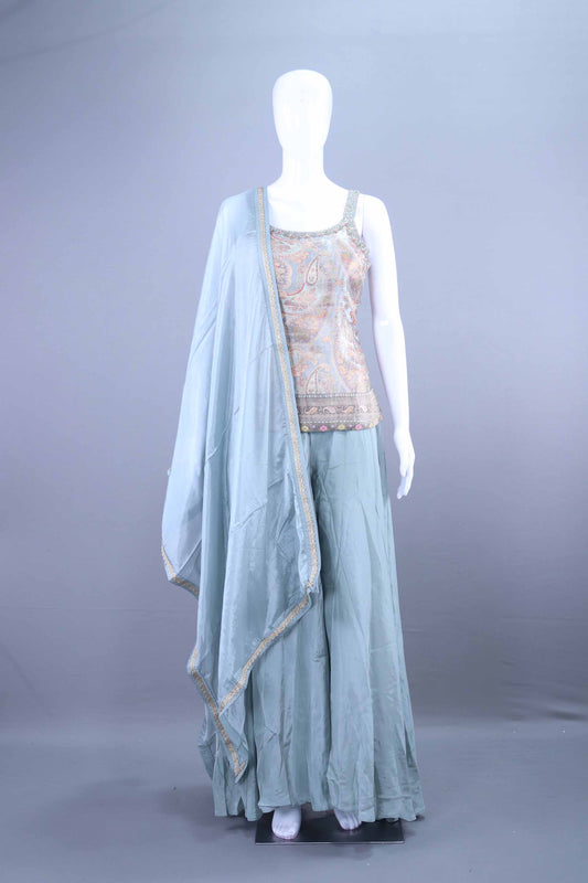 Pastel Blue Embroidered Kurta Sharara Set Designer Party Wear