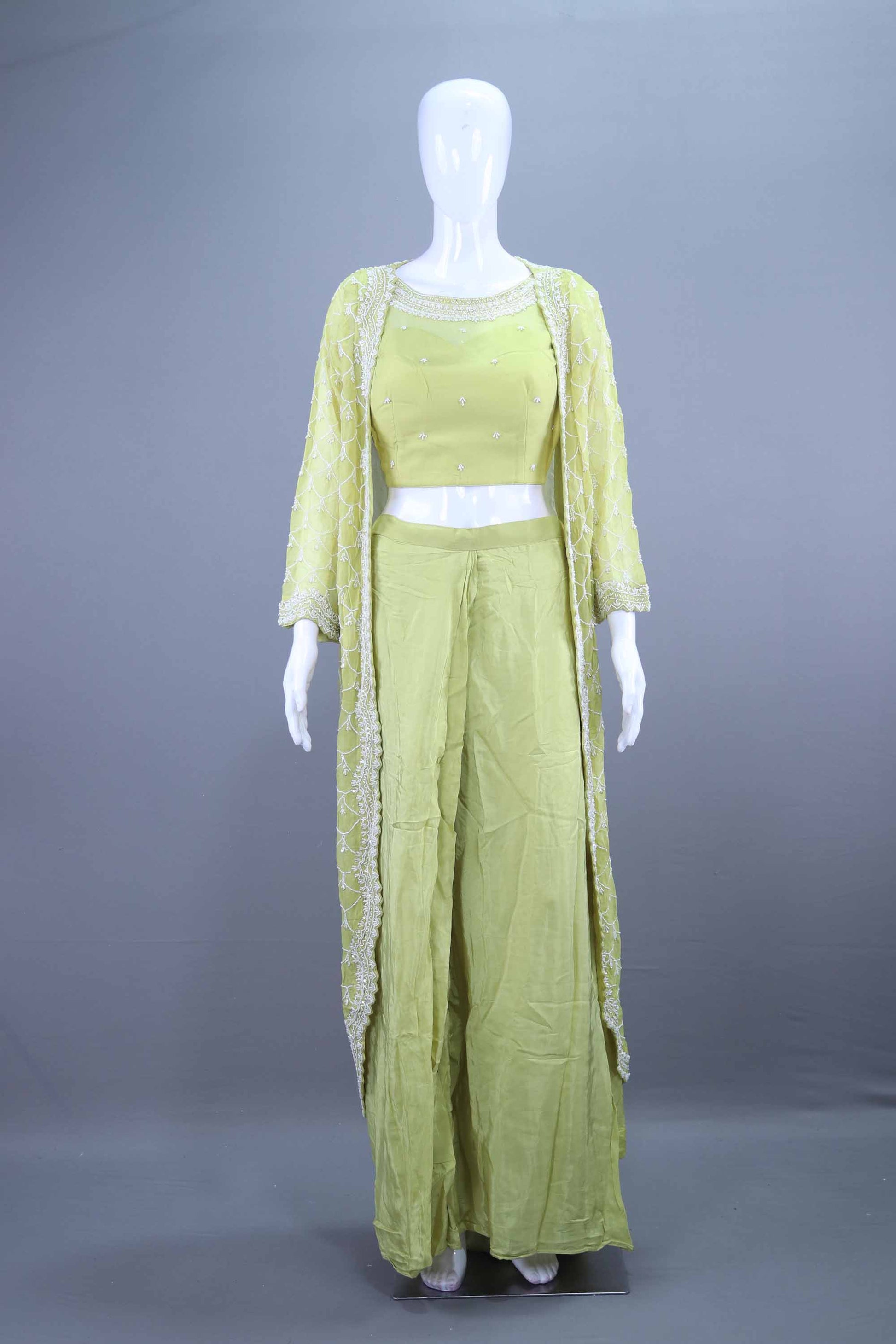 Stylish Lime Green Crop Top with Palazzo and Long Jacket Set 